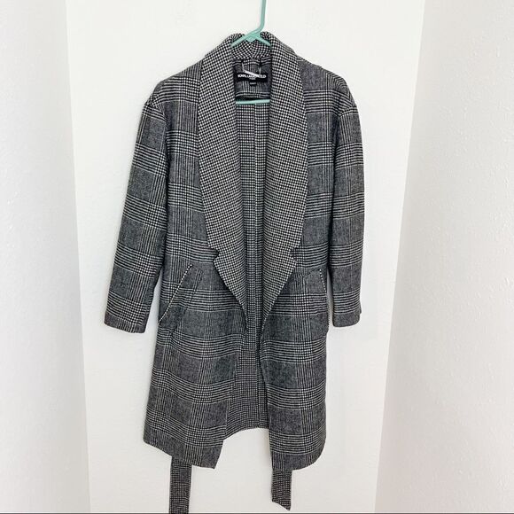 Karl Lagerfeld Houndstooth Plaid Wrap Trench Jacket - Picture 2 of 10